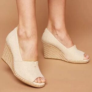 Toms Michelle Recycled Peep Toe Espadrille Wedges Dark Natural Linen Size 10